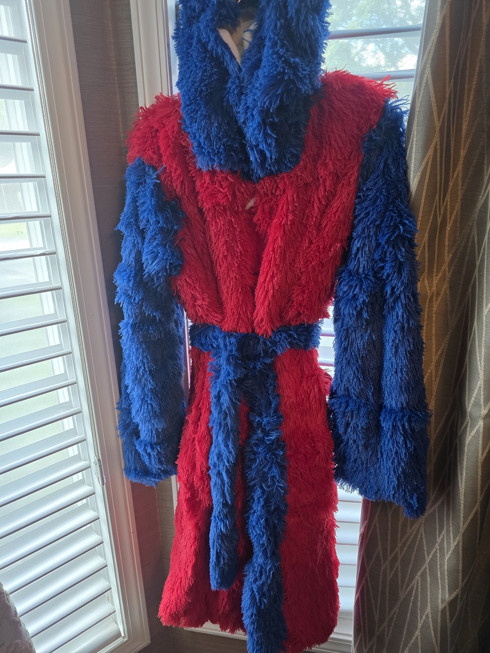 Football Season Two-Tone Red & Blue Fuzzy Hooded Robe Coat